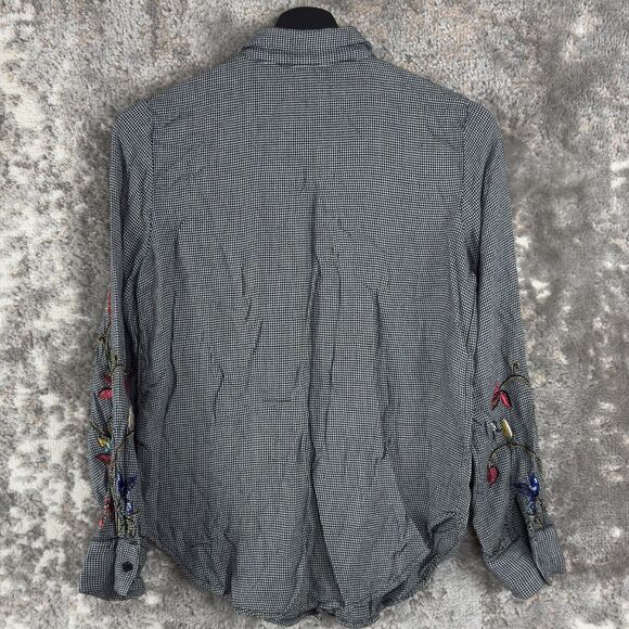 H&M Size 6 Floral Embroidered Long Sleeve Button Shirt Black White Houndstooth - Picture 4 of 9